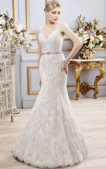 Mermaid Lace Appliqued Wedding Dress Sleeveless Deep-V Back Waist Jewellery