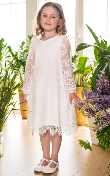 Long Sleeve Lace Zipper Flowergirl Dress in Tea-length A Line Style