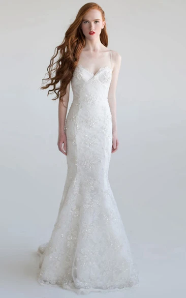Spaghetti Beaded Lace Wedding Dress with Appliques Trumpet Sleeveless
