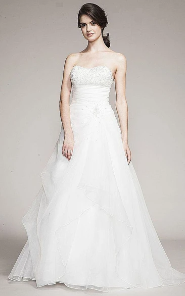 Organza A-Line Sweetheart Wedding Dress with Beading and Ruched Maxi