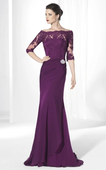 Off-The-Shoulder Chiffon Prom Dress with Appliques Broach and 3/4 Sleeves