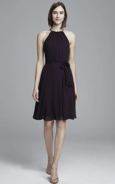 Knee-Length High Neck Chiffon Bridesmaid Dress with Illusion and Bow