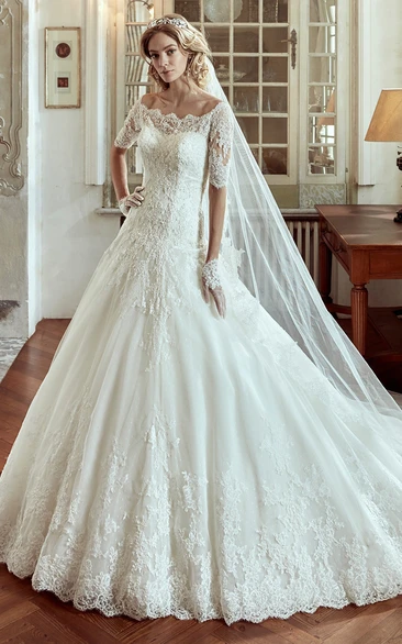 A-line Court Train Wedding Dress with Off-Shoulder and Half Sleeves Classic Bridal Gown