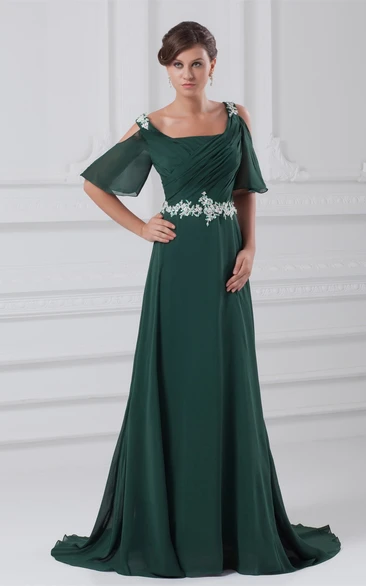 Square-Neck Maxi Chiffon Dress with Ruched Appliqued Waist Classy & Flowy