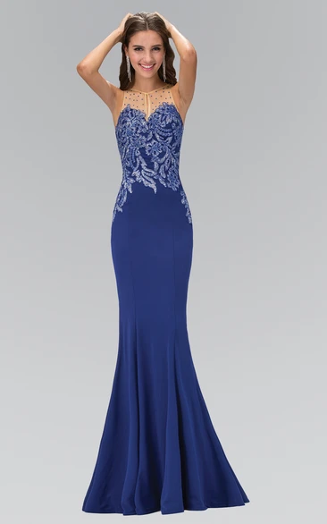 Appliqued and Beaded Sheath Prom Dress Scoop-Neck Sleeveless Jersey Illusion