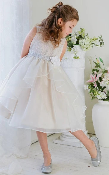 Tiered Organza Lace Embroidered Tea-Length Flower Girl Dress
