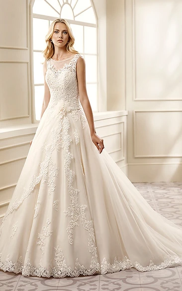 Lace Appliqued Wedding Dress with Flower and Pleats A-Line Floor-Length Sleeveless