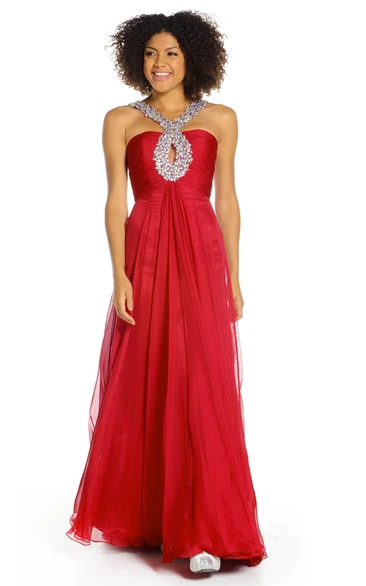 Floor-Length Chiffon Prom Dress with A-Line Silhouette and Beaded Pleats