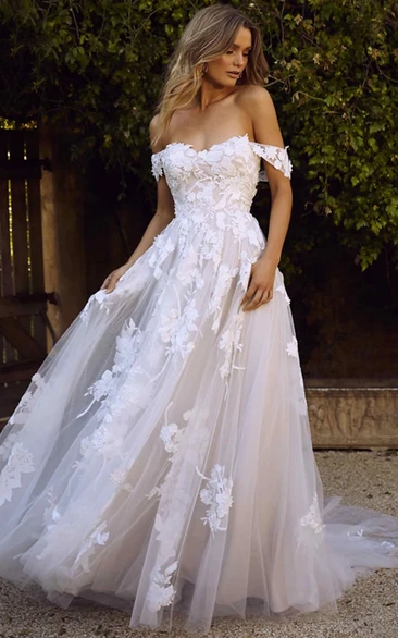 Sexy Beach A-Line Boho Lace Wedding Dress Elegant Ethereal Floral Off-the-Shoulder Floor-Length Bridal Gown with Appliques