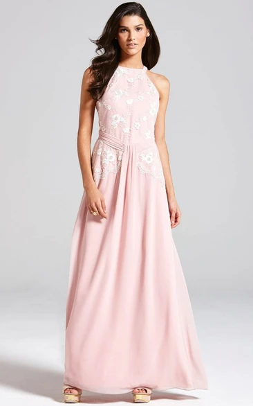 Floral High Neck Chiffon Bridesmaid Dress in Floor-Length