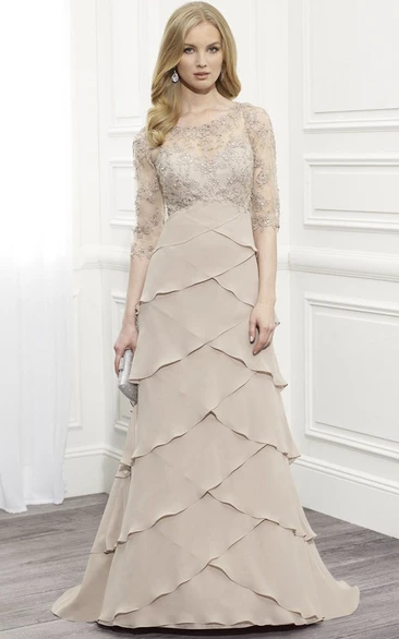Tiered Chiffon Floor-Length Dress with Scoop Neck and Half Sleeves for Formal Affairs