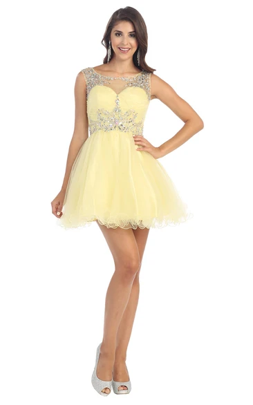 Short Tulle Bridesmaid Dress with Ruffles and Beading A-Line Sleeveless Keyhole