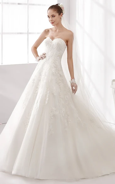 Sweetheart Lace A-Line Wedding Dress with Beaded Appliques and Brush Train