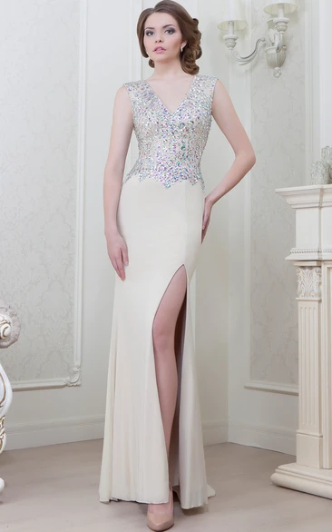 Chiffon V-Neck Beaded Sleeveless Formal Dress