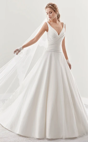 A-Line V-Neck Pleated Wedding Dress with Low-V Back and Brush Train