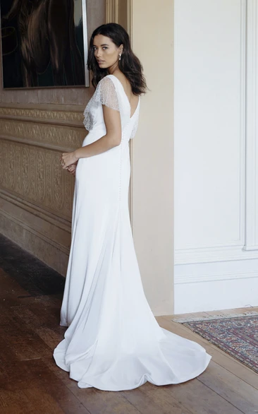 Sheath Wedding Dress with Illusion Beaded Sleeves and Court Train