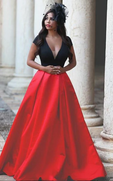 Sexy Black and Red Taffeta A-Line Evening Party Dress with Short Sleeves