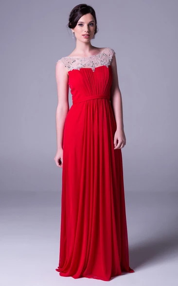 Chiffon Floor-Length Cap-Sleeve Prom Dress with Beaded Sheath and Bateau Neckline