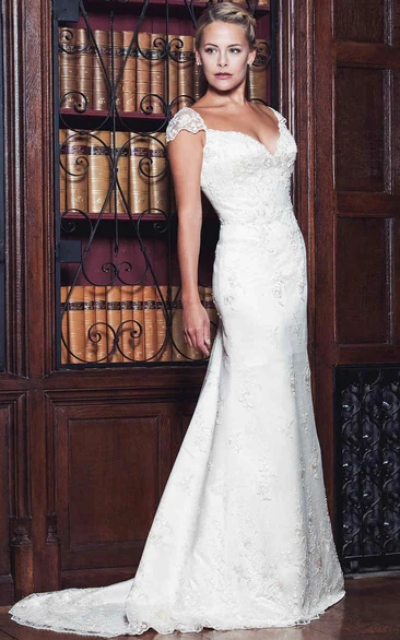 Maxi V-Neck Lace Sheath Wedding Dress with Cap Sleeves