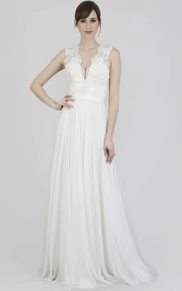 V-Neck Pleated Chiffon Wedding Dress with Court Train Illusion & Elegant