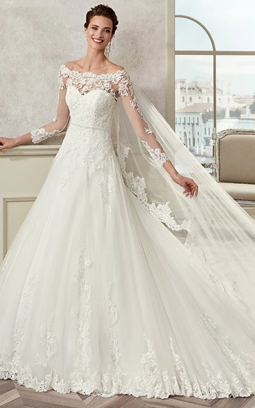 Off-Shoulder A-Line Wedding Dress with Illusive Design and Brush Train