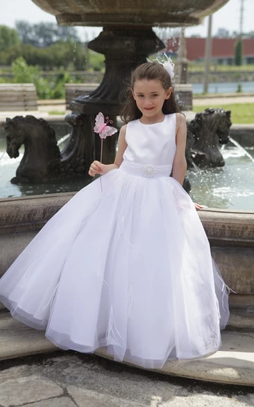 Taffeta Top Tulle Ball Gown with Pearl Waist Flower Girl Prom Dress