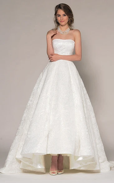 Beaded V-Back High-Low Lace Wedding Dress with Strapless Neckline