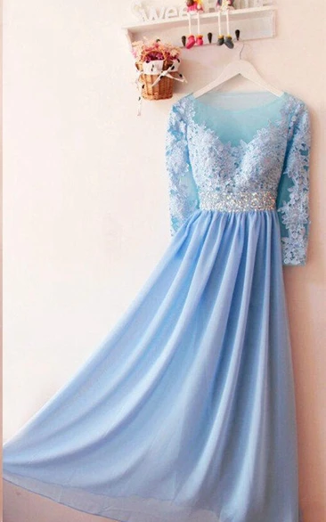 Long Sleeved Chiffon Dress with Appliques and Sequins Elegant Formal Dress