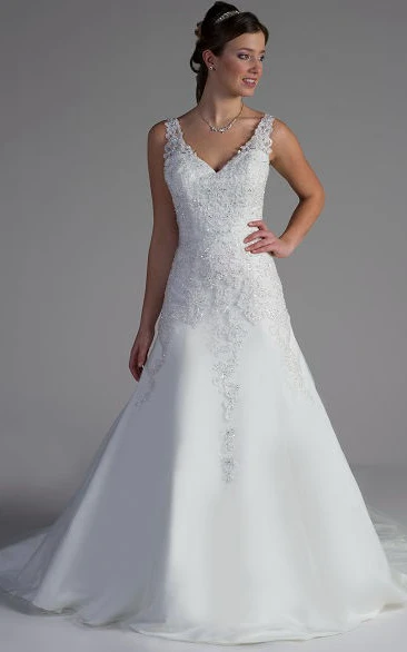 A-Line V-Back Lace Top Wedding Dress with Tulle Skirt