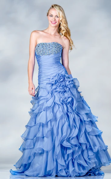 Strapless Organza Ball Gown Dress with Beading and Flower Sleeveless Formal Dress