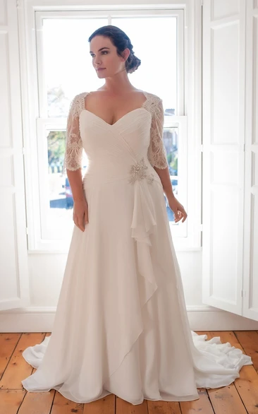 Draping Chiffon A-Line Wedding Dress with V-Neck and Half Sleeves