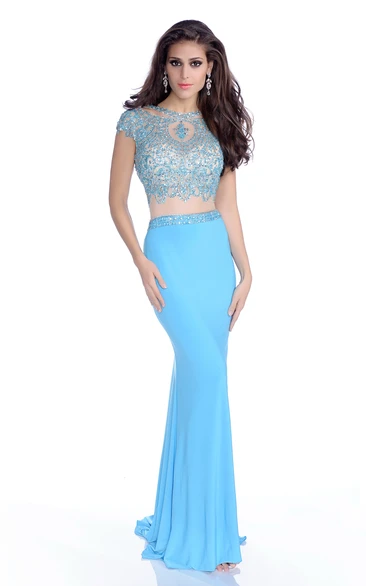 Bling Rhinestone Mermaid Cap Sleeve Jersey Dress with Low-U Back