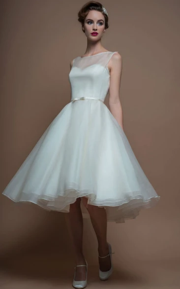 Sleeveless Tea-Length A-Line Organza Wedding Dress With Illusion Elegant 2024 Bridal Gown