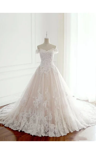 Off-the-shoulder Sleeveless A-line Lace Tulle Wedding Dress with Chapel Train and Appliques
