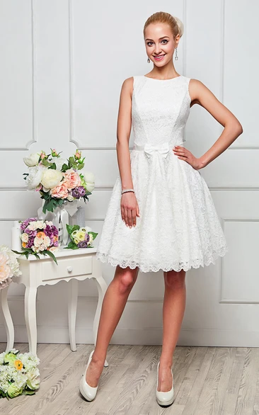 High Neck Sleeveless Lace Dress in Knee-Length A-Line Style