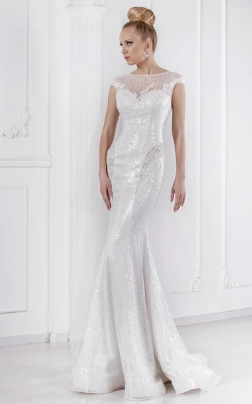 Sequined Lace Sheath Wedding Dress with Illusion Neckline