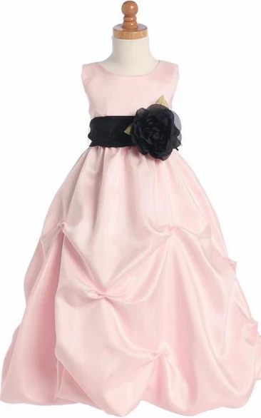 Ruched Organza Floral Dress with Sash Tea-Length Flower Girl Dress