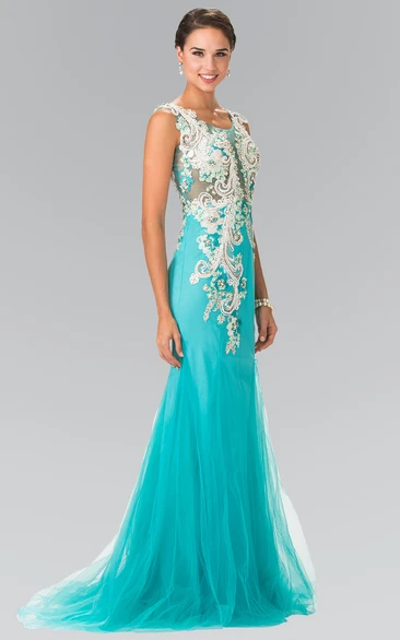 Tulle Illusion Sheath Dress with Appliques and Crystals Elegant Formal Dress