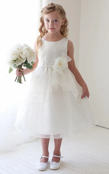 Floral Tea-Length Organza Flower Girl Dress with Bows and Tiers