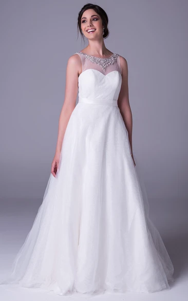 Beaded A-Line Tulle Wedding Dress with Sleeveless Scoop-Neck