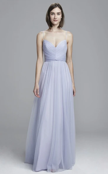 Spaghetti Tulle Bridesmaid Dress with V-Back Pleats and Floor-Length Design