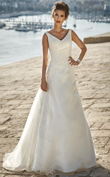 V-Neck Satin and Lace A-Line Wedding Dress Side-Draped and Sleeveless