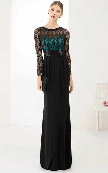 Lace Top Sheath Chiffon Prom Dress Long Sleeve Scoop Neck