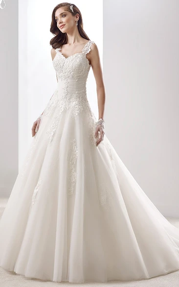 Appliques Straps Illusive Back Sweetheart A-line Lace Bridal Dress