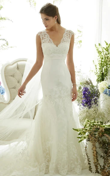 V-Neck Cap-Sleeve Lace Wedding Dress Sheath Elegant 2024 Women's