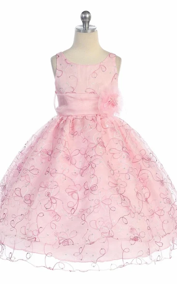 Sequined Embroidered Tea-Length Organza Flower Girl Dress with Sash