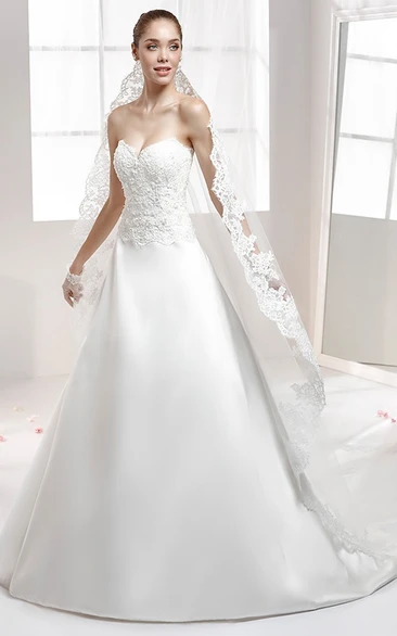 Lace Appliqued Sweetheart A-Line Wedding Dress with Satin Skirt