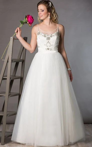 Crystal Top Ball Gown Wedding Dress with Tulle Skirt and Spaghetti Straps