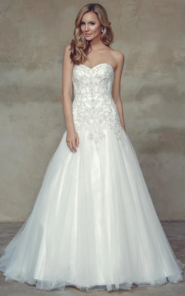 Long Tulle Wedding Dress with Corset Back and Crystal Detailing Sweetheart A-Line Dress