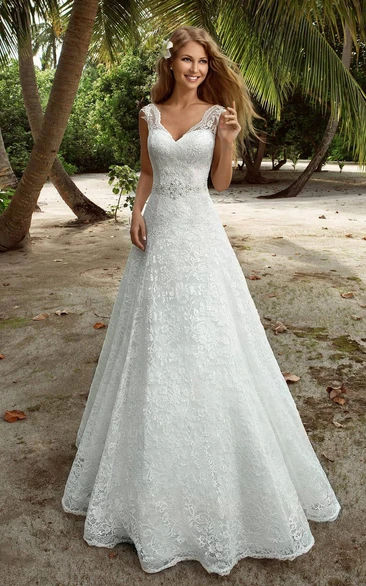 Lace A-Line Wedding Dress with V-Neck and Beading
